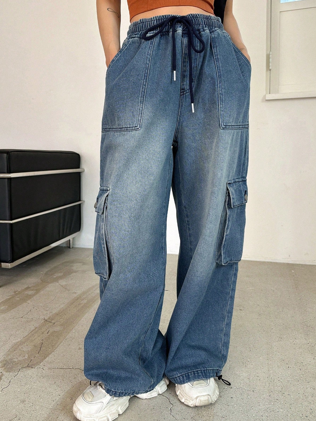 Maxct Drawstring Waist Flap Pocket Side Cargo Pants