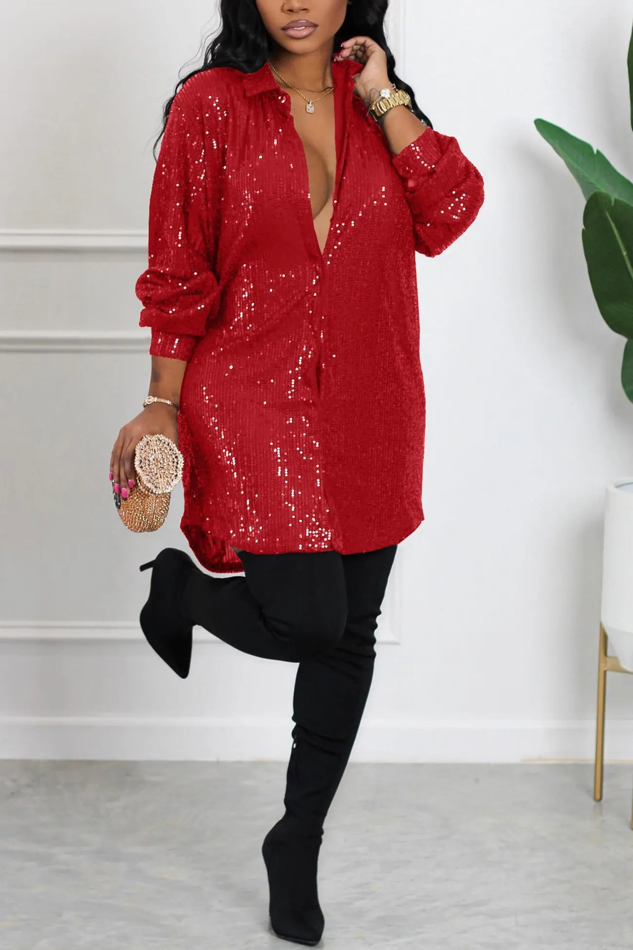 Maxct Sequins Solid Shirt Dress