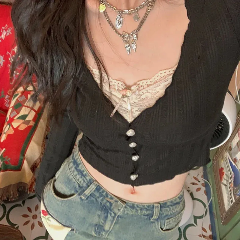 Maxct Preppy Vintage Button Long Sleeve T-shirt Aesthetic Retro Kawaii Lace Trim Crop Top Y2K Fairy Grunge Milkmaid Tees Streetwear