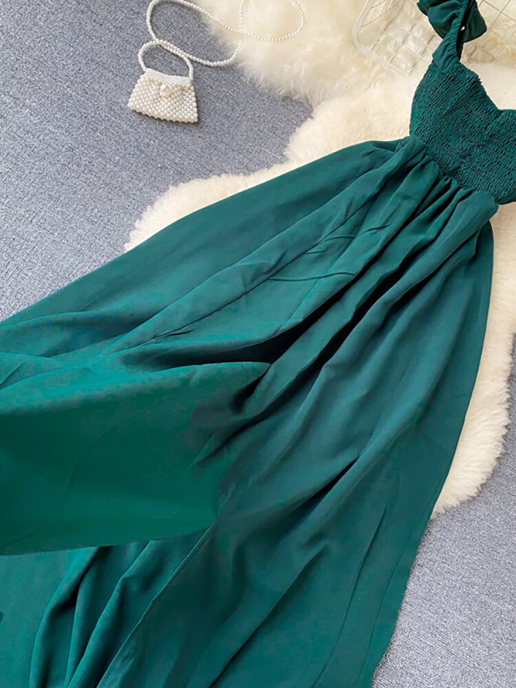 Maxct High Waist Slash Neck Women Long Dress Elegant Big Swing A-line Vestidos Verano Vintage Green/Red Party Robe For Female