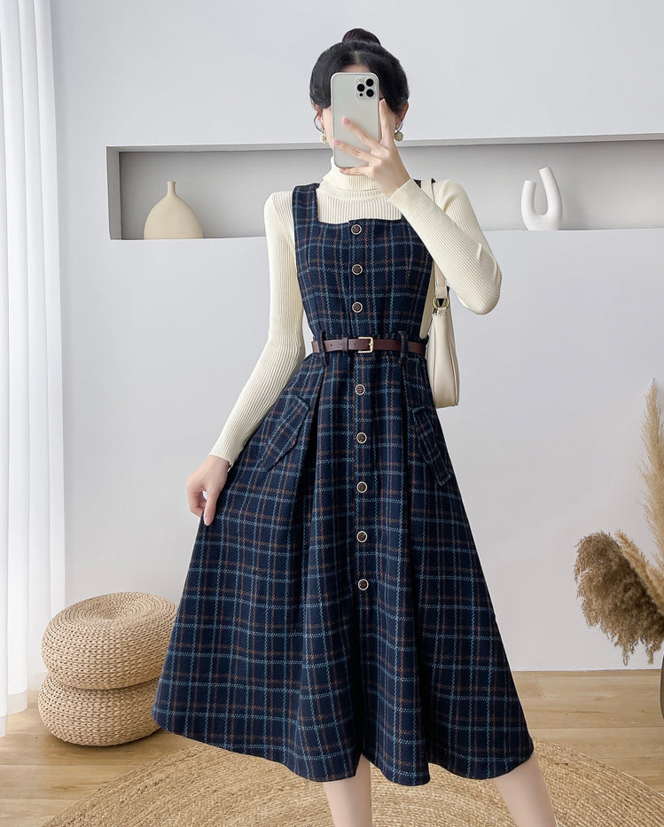 Button Up Plaid Pinafore Dress Maxct