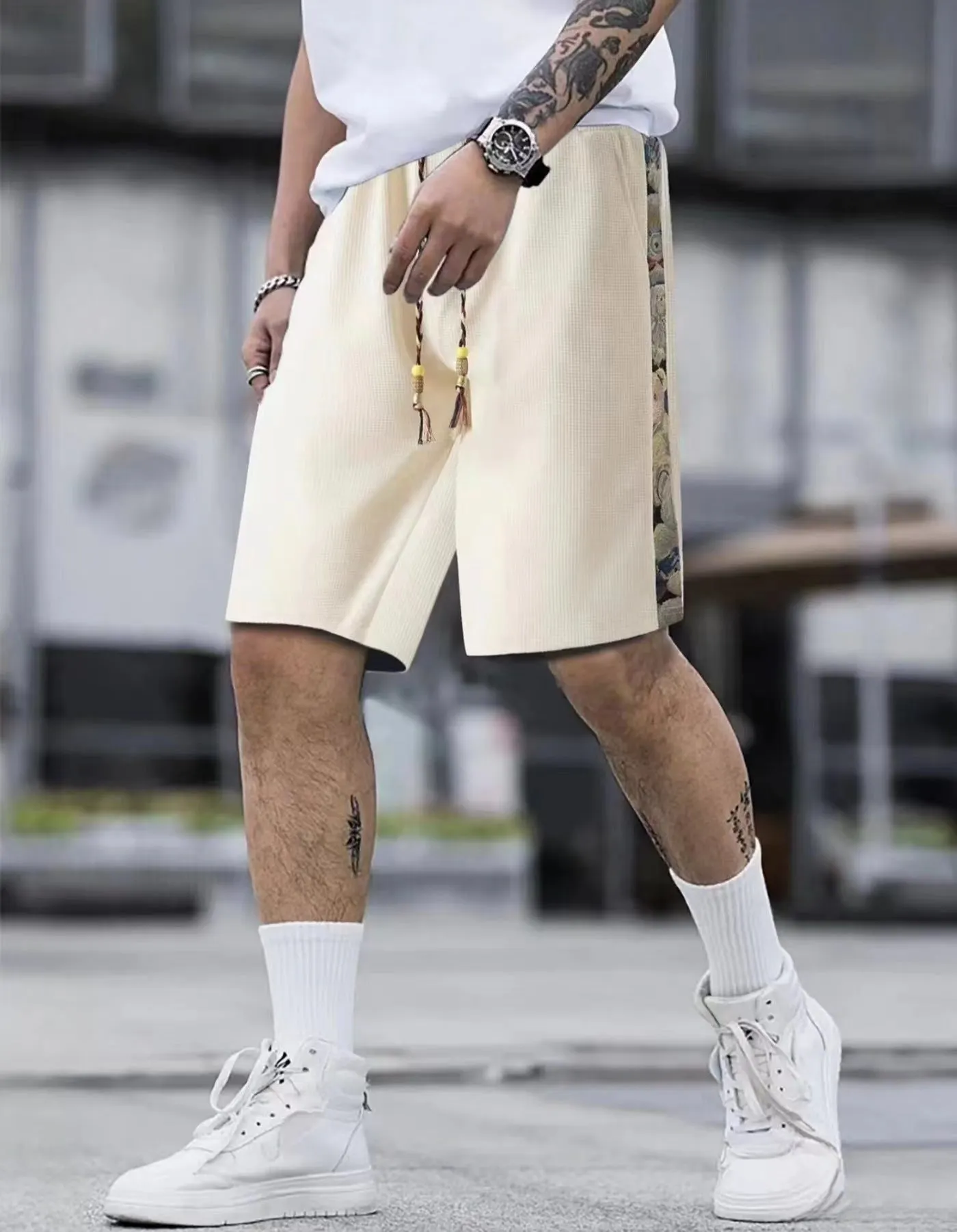 Maxct summer sweatpants boys loose and versatile outerwear sweatpants ins bear splicing five-point pants tide