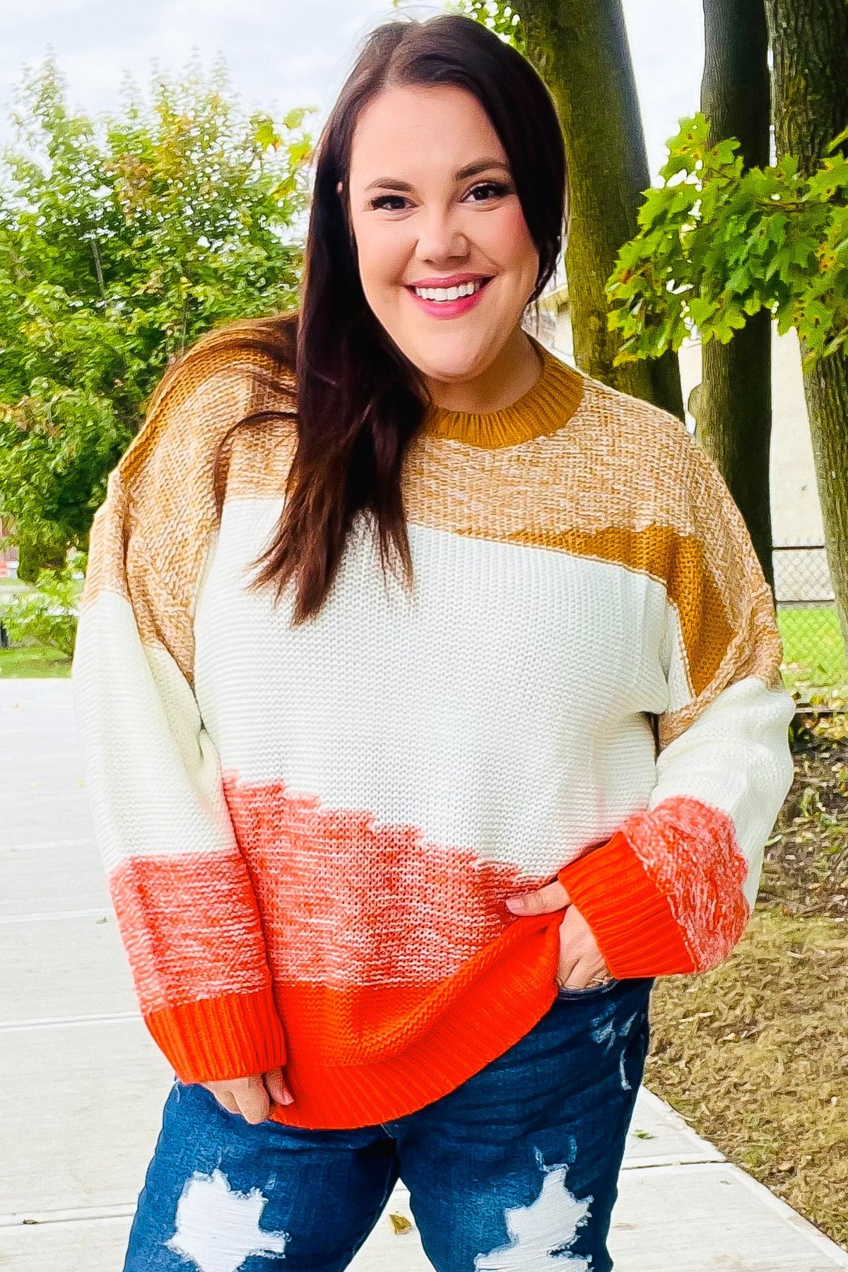 Maxct &Adorable You Camel & Orange Color Block Sweater