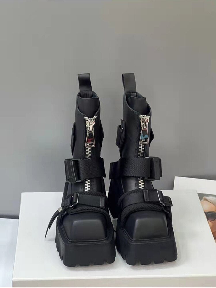 Belt Buckle Black Biker Boots for Women Maxct