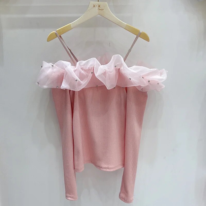 Maxct Neck T Shirts Girls Patched Beading Ruffles Stretch Tshirt Top Women Spring Summer Slim Tees