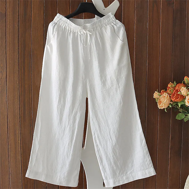 Maxct Women Spring Retro Solid Color Cotton Linen Pants