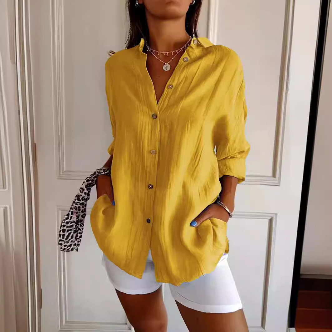 Maxct fashion outfits 2024 Single-Breasted Pleated Lapel Shirt Women's Solid Color Sleeve Top