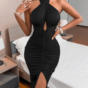 Ruched Halter High Slit Midi Dress Maxct