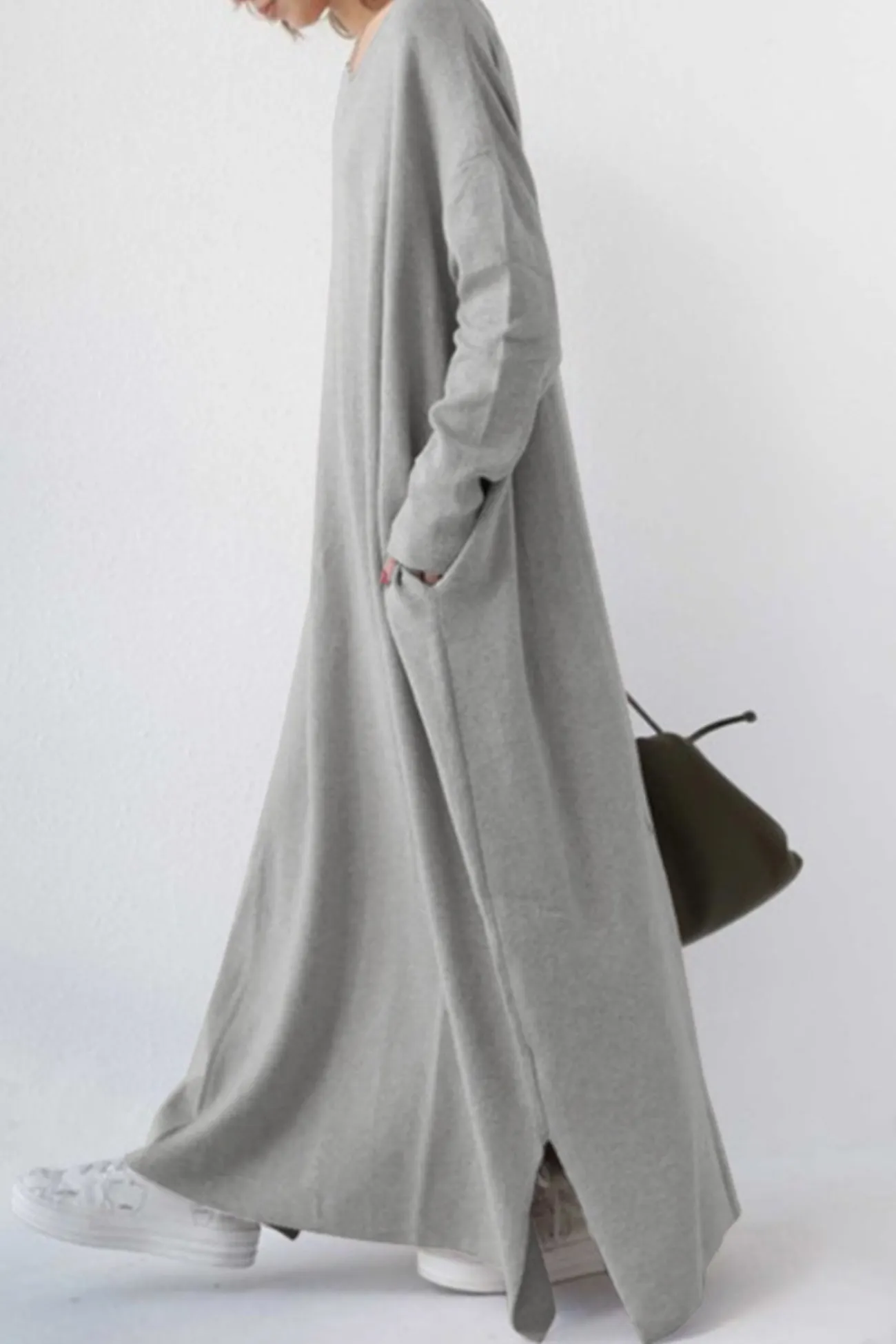 Maxct V Neck Slit Hem Sweatshirt Dress