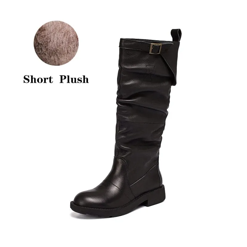 Waxing Knee High Boots Fold Design Riding Boots Buckle Boots Maxct