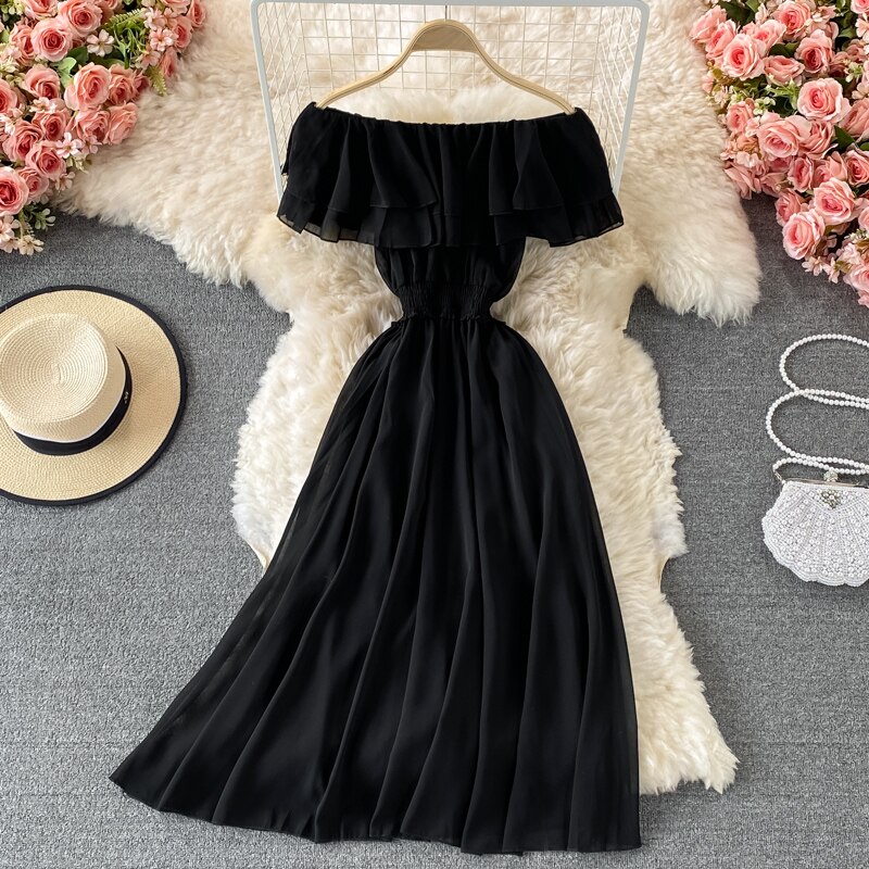 Chiffon Dress Women Sexy Slash Neck Ruffle Robe Elegant Ruffle High Waist Vestidos Female Beach Vacation New