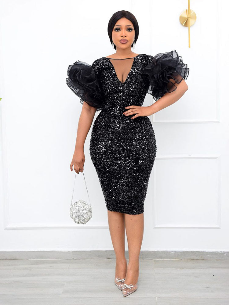 Sequin V Neck Puff Sleeve Party Dress Maxct