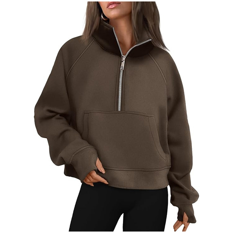 Casual Half Zipper Plush Hoodies Women Loose Solid Lapel Pockets Sweat Shirt Female Autumn Chic Warm Sports Yoga Outwear