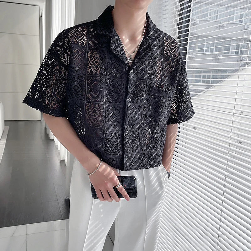 Maxct Summer New Casual Hollow Out Shirts Men Sexy See Through Breathable Shirt For Mens Fashion Solid Color Lapel Buttoned Cardigans