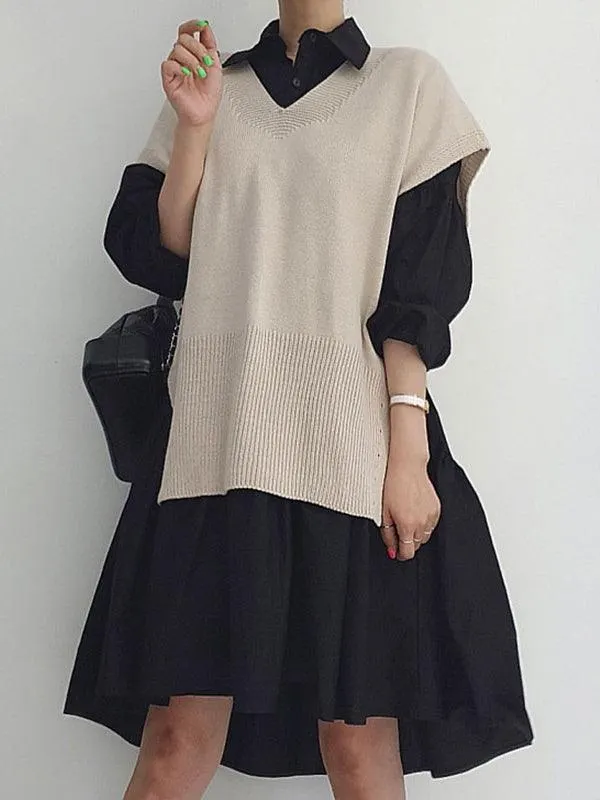 Maxct Split Knit Vest + Lapel Long Sleeve Shirt Dress