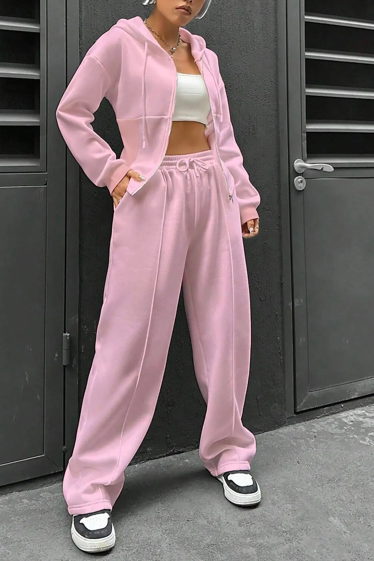 Maxct Solid Slim Fit Hoodie Pants Suits