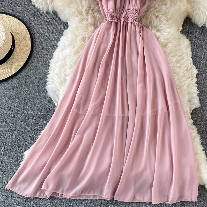 Chiffon Dress Women Sexy Slash Neck Ruffle Robe Elegant Ruffle High Waist Vestidos Female Beach Vacation New