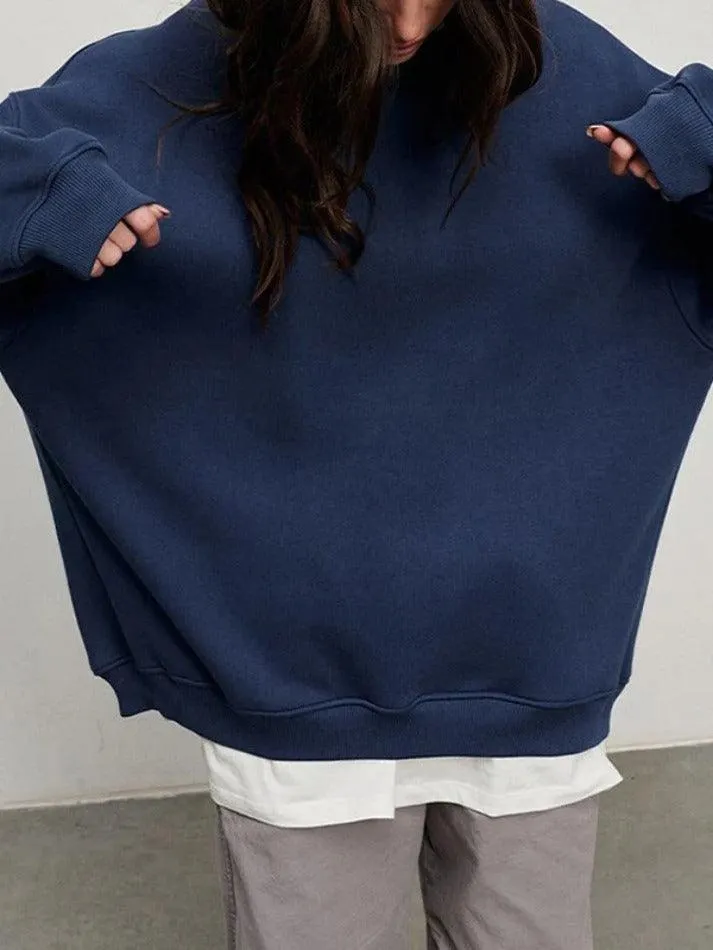 Maxct-Solid Crew Neck Oversized Sweatshirt