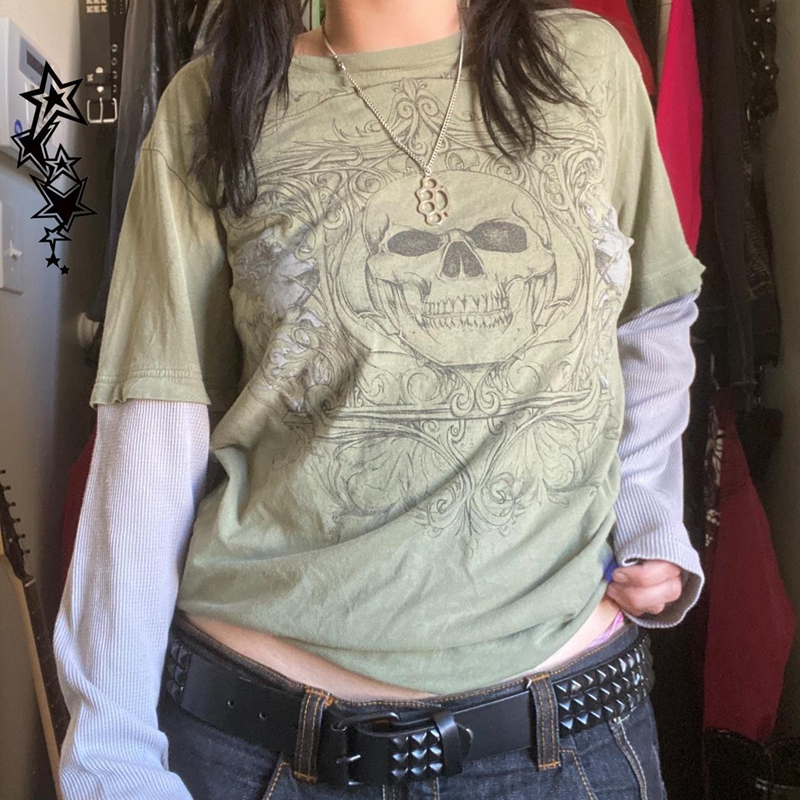 Japanese Edgy 00s Retro Gothic Emo T-shirt Cyber Y2K Grunge Mall Goth Top Patchwork Full Sleeve Baggy Pullovers Tees