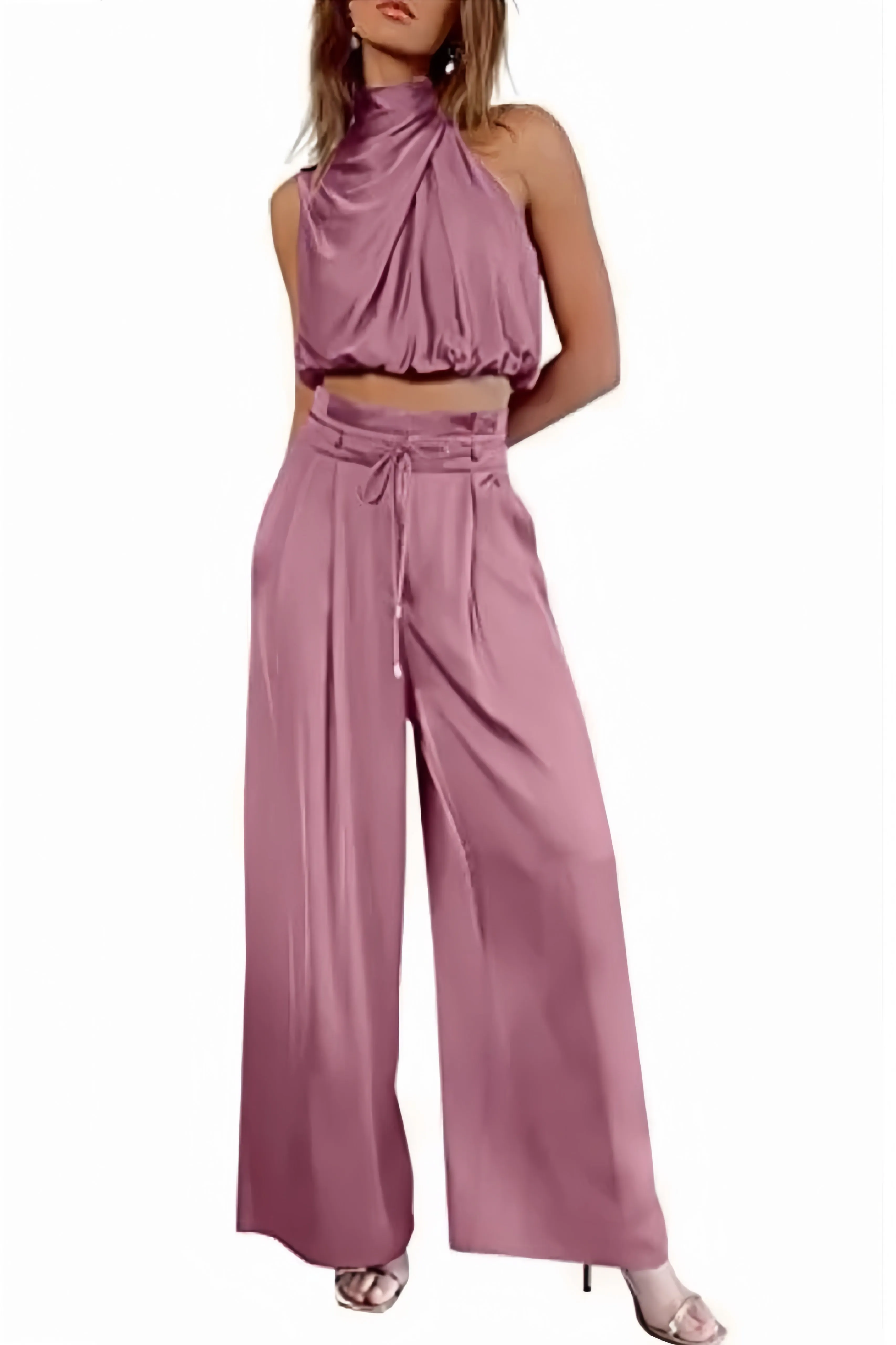 Maxct Satin Mock Neck Crop Top Pants Suits - Image 13
