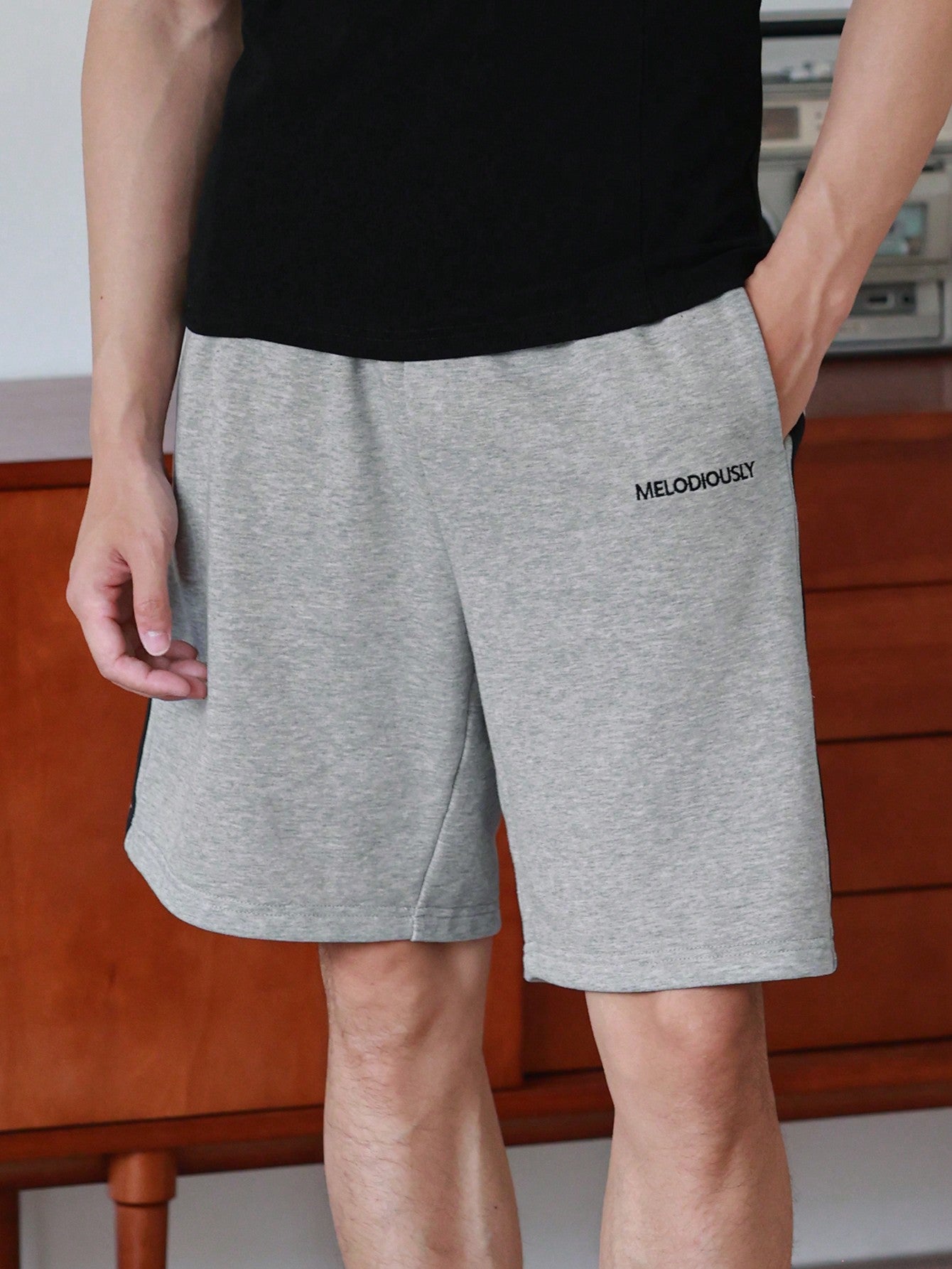 Maxct Men's Summer Casual Color Block Striped Letter Print Drawstring Waist Shorts