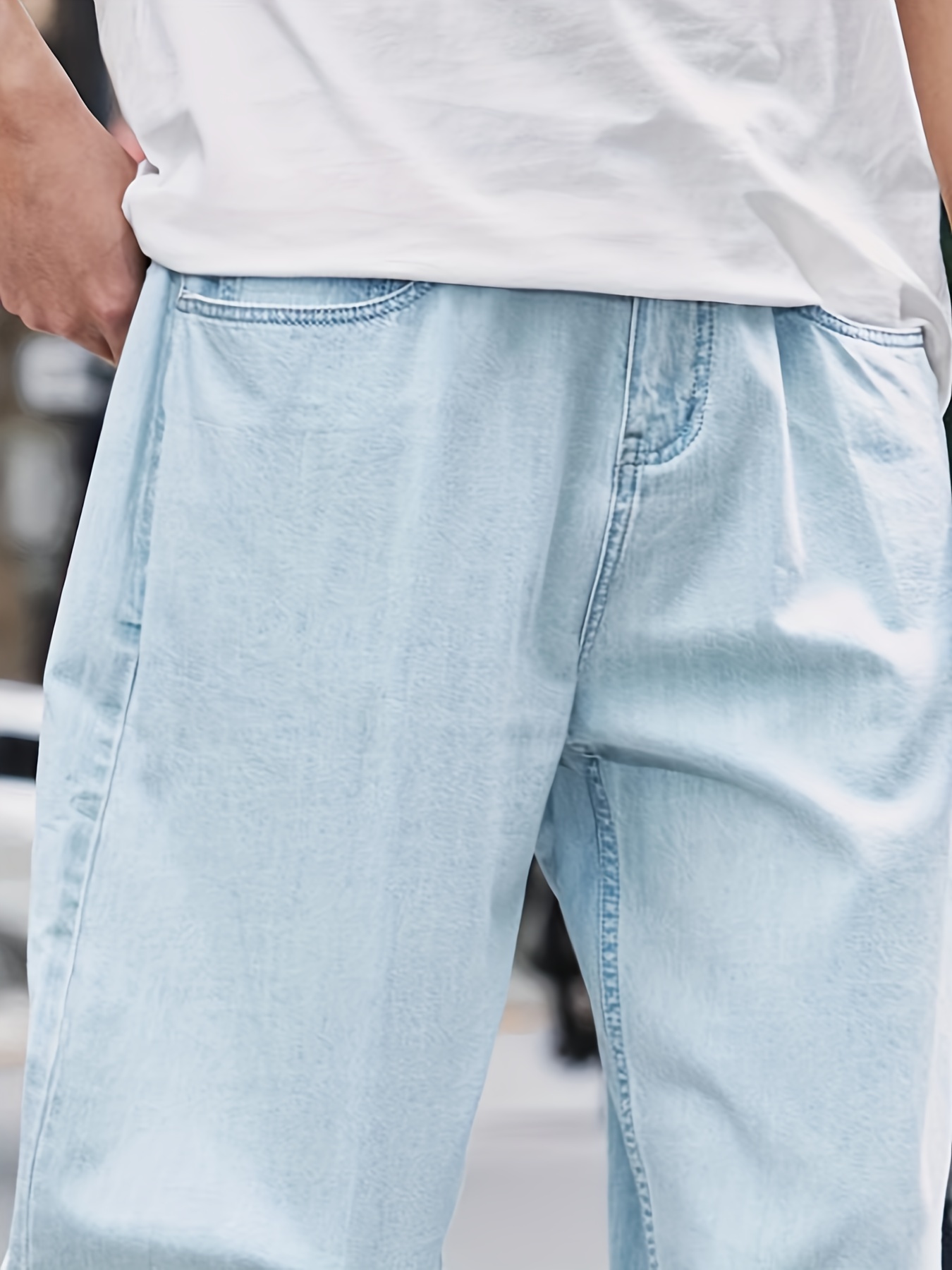 Trendy Casual Men's Solid Color Loose Denim Jeans With Pockets, Men's Outfits