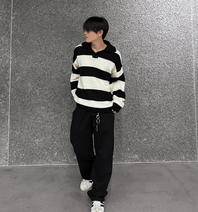 Maxct 6628 Striped Knitted Button-Up Shirt Sweater
