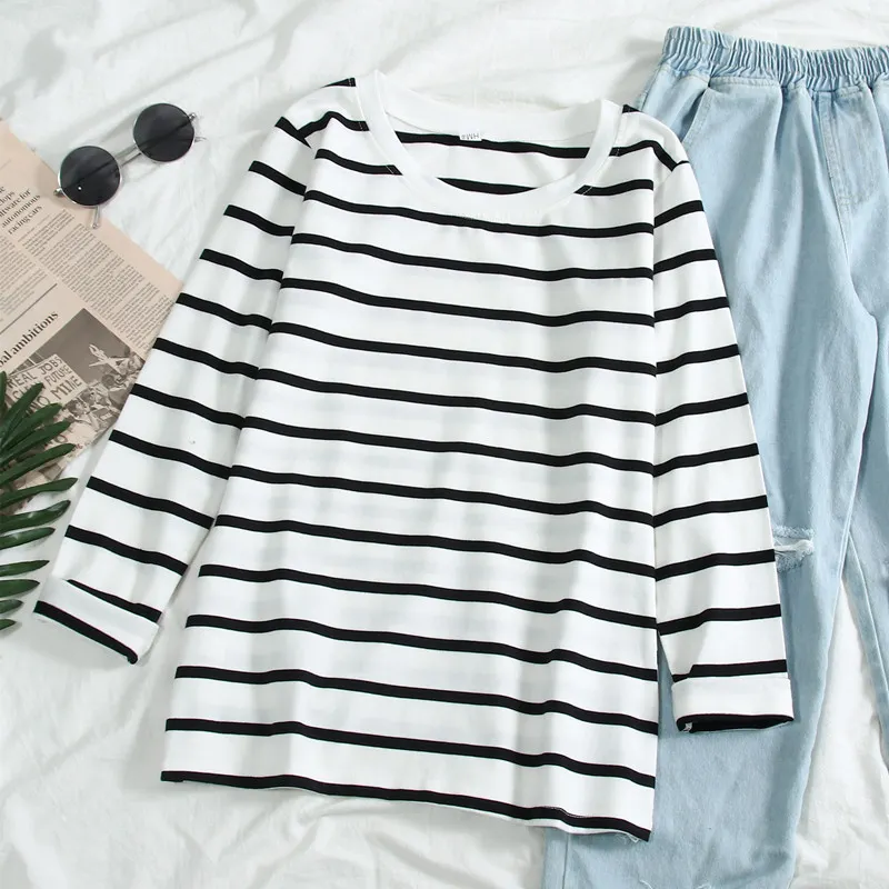 Maxct Long Sleeve T-shirts Women Striped Tshirts All-match Loose Basic Tops Leisure Korean Style Mujer Fashion Clothing Ins