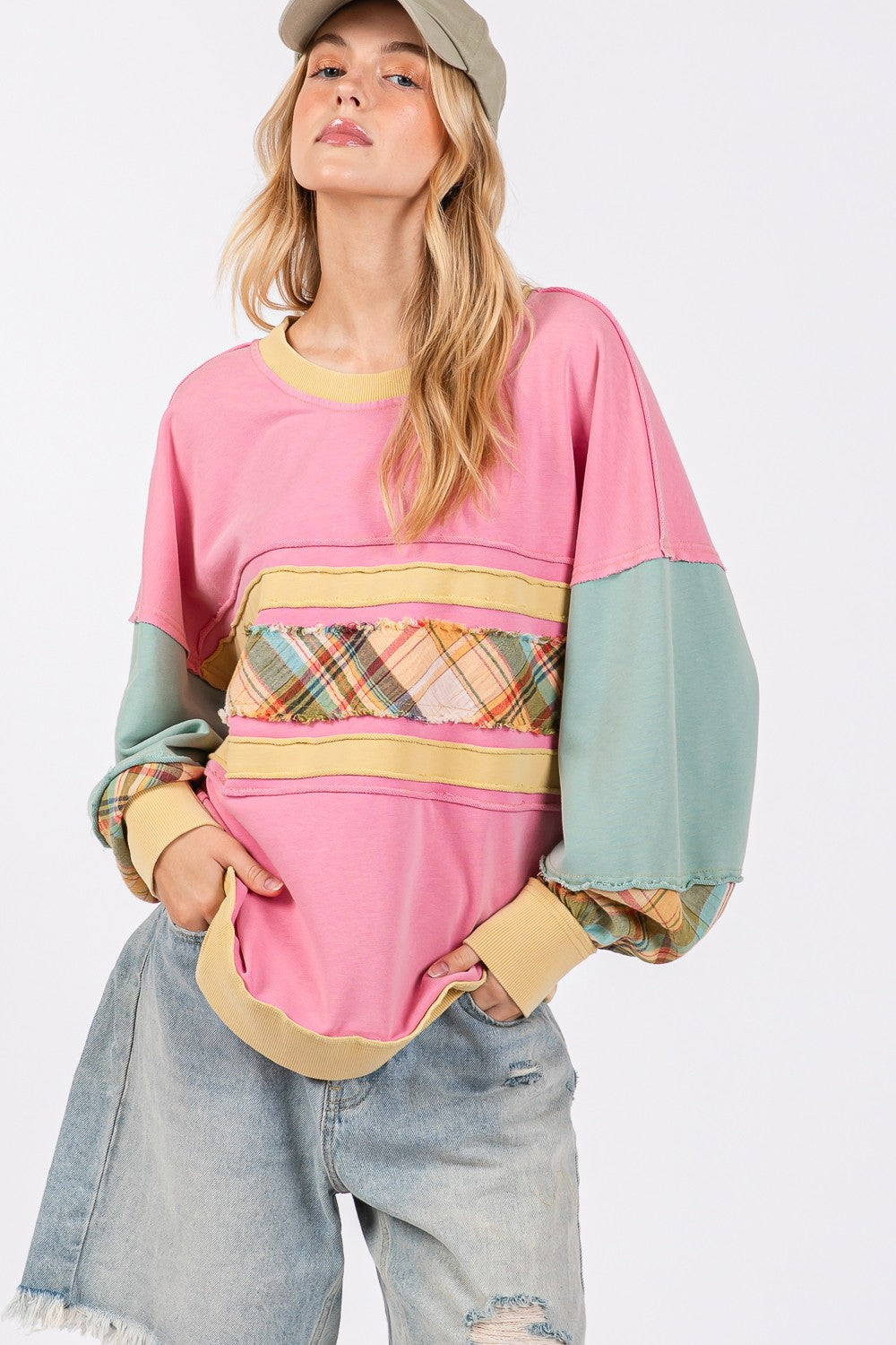 Maxct &SAGE + FIG Mineral Wash Raw Edge Color Block Sweatshirt