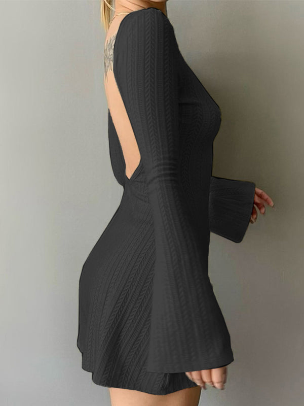 Backless Knitted Long Sleeve Mini Dress Maxct