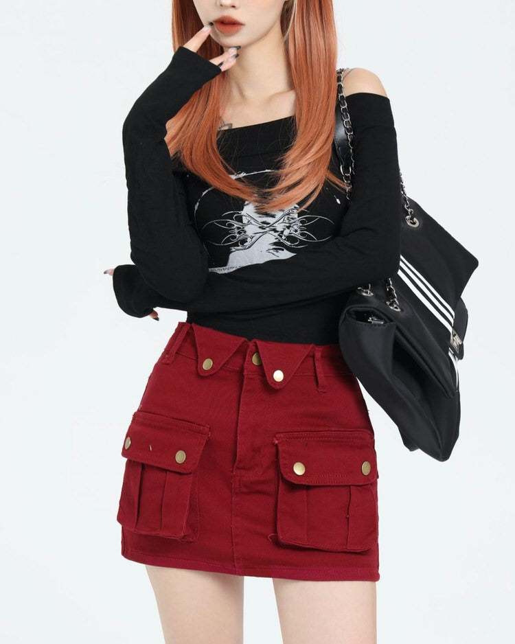 Wine Red Zip Front Mini Skirt Maxct