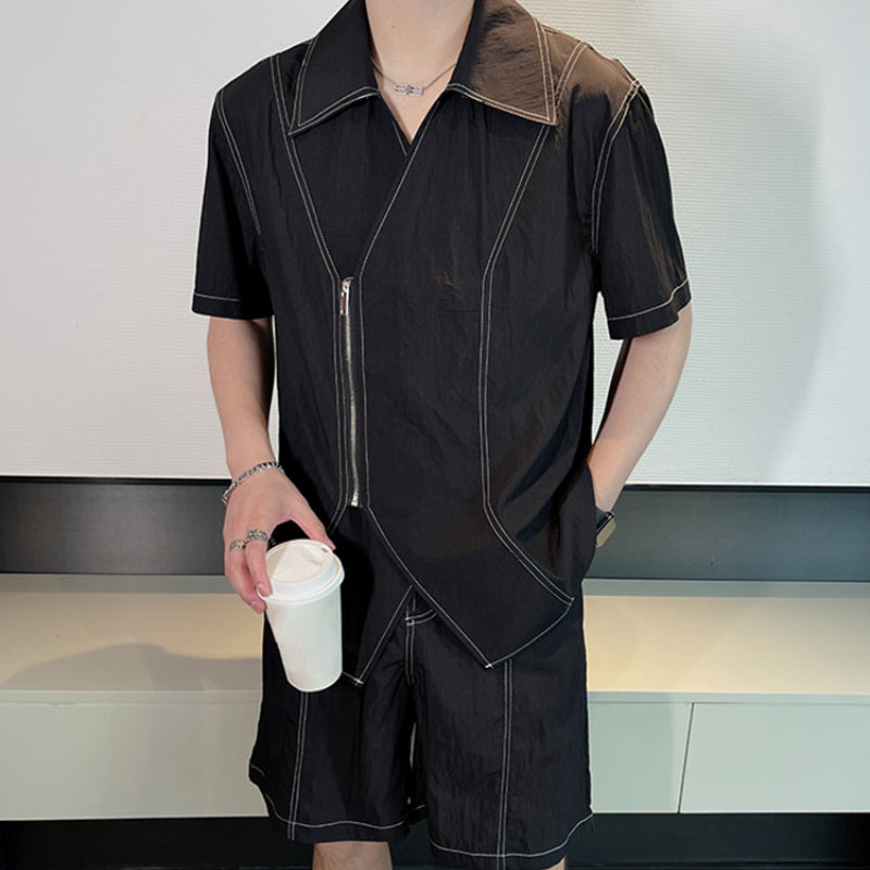 Maxct Summer Topstitched Zip Shirt Shorts Set