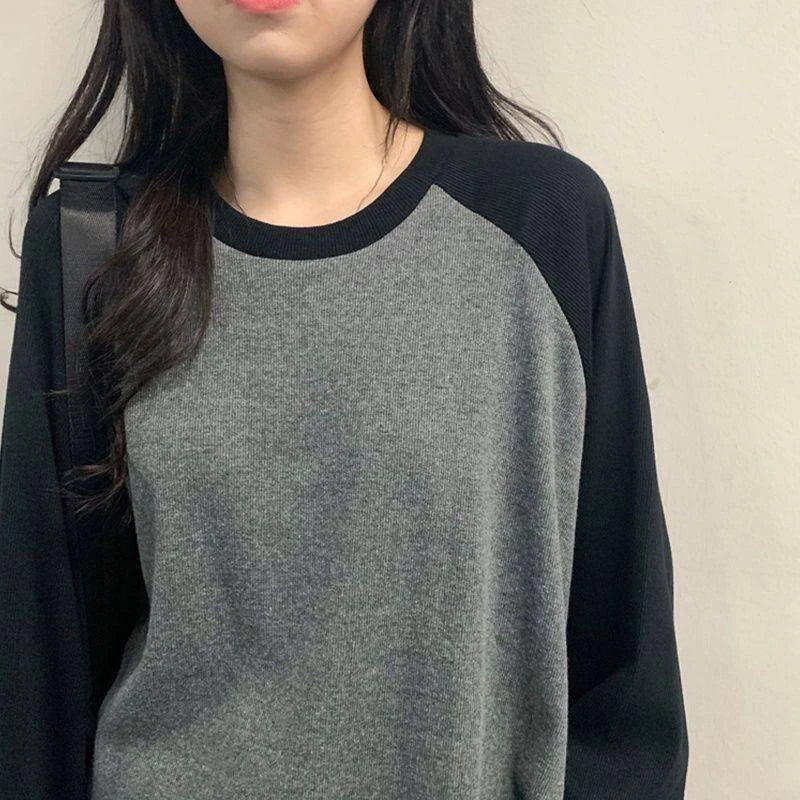 Maxct Oversized T-shirt Round Collar Contrast Color Long Sleeve Tops Women Spring Patchwork Kawaii T Shirts Unisex Streetwear