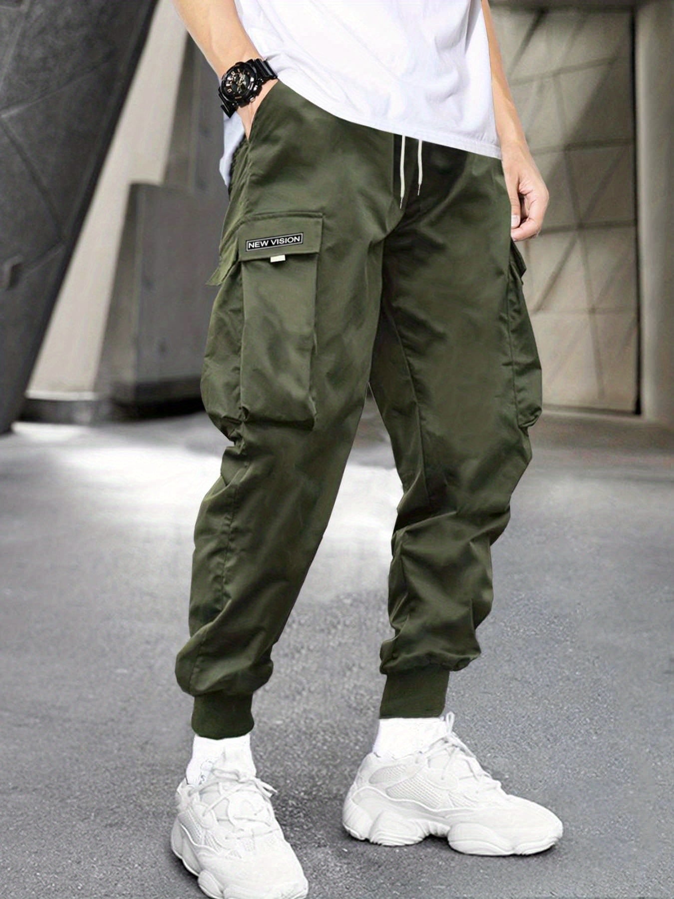 Maxct Men's Letter Graphic Drawstring Waist Cargo Pants With Flap Pockets - Image 3