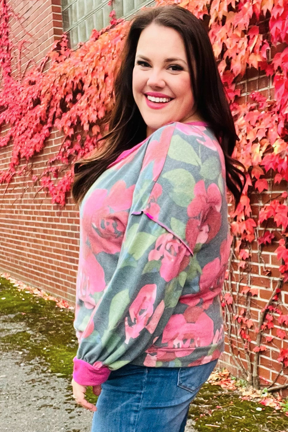 Maxct &Beautiful You Vintage Teal Floral Print V Neck Hacci Knit Sweater