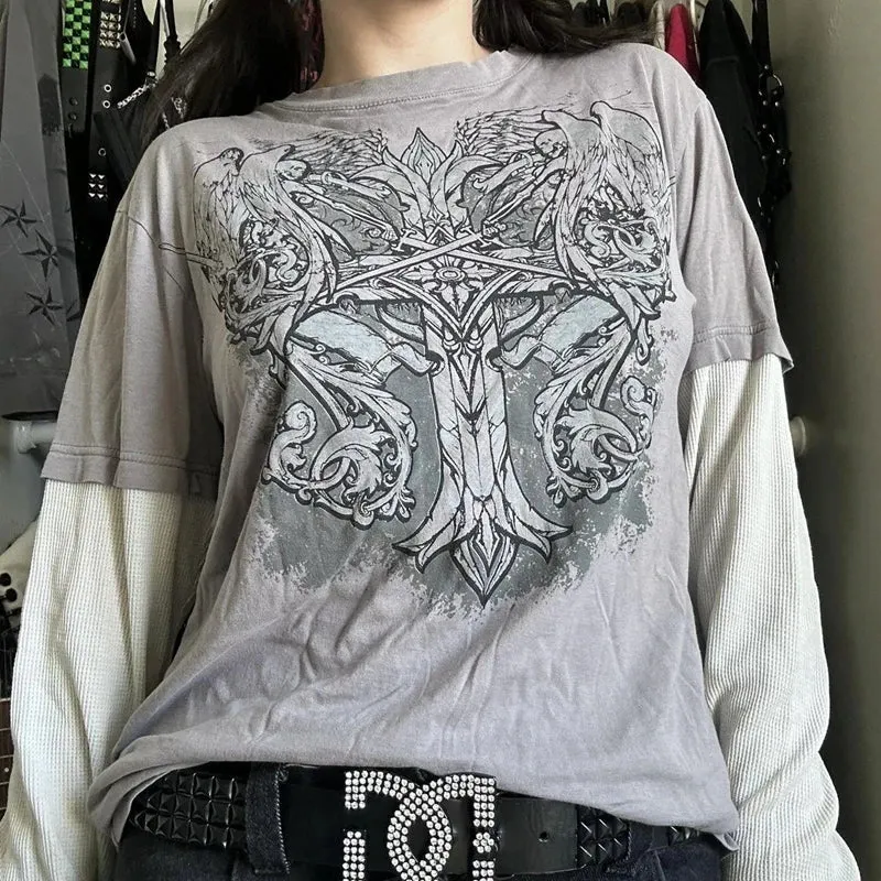 Maxct Japanese Edgy 00s Retro Gothic Emo T-shirt Cyber Y2K Grunge Mall Goth Top Patchwork Full Sleeve Baggy Pullovers Tees