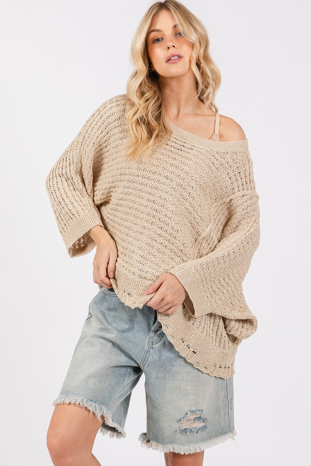 Maxct &SAGE + FIG Distressed Asymmetrical Open Stitch Sweater