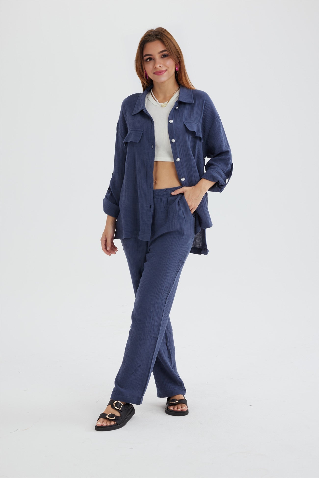 Maxct Long Sleeve Pocketed Slit Shirt Long Pants Suits