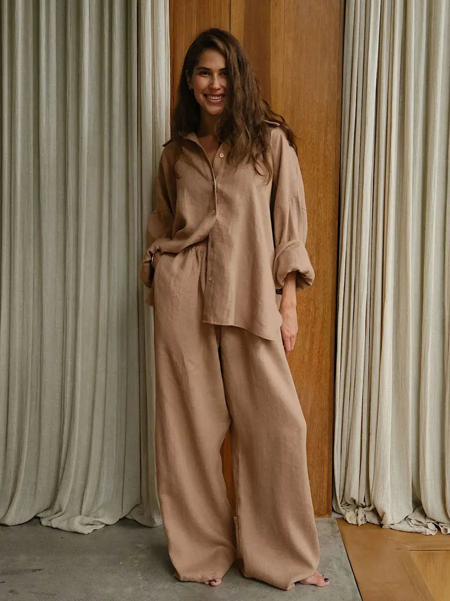 Maxct White Casual Cotton Linen Trousers Suit Women's Loose Long Sleeve Shirt Top Elastic Waist Pants Female Outfits Autumn New
