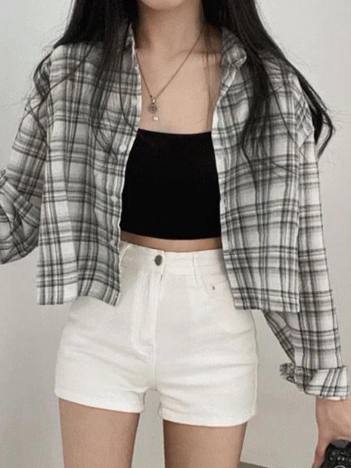 Maxct Vintage Plaid Short Loose Long Sleeve Blouse