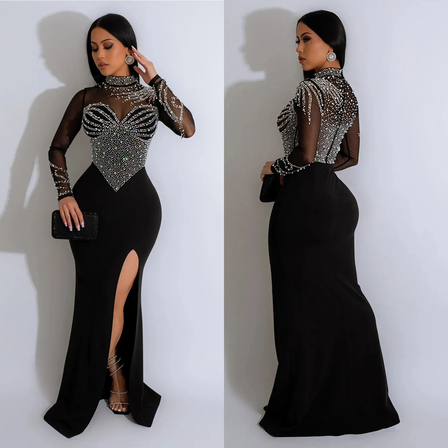 Maxct Maxct Fashion Women's Solid Color Net Gauze Hot Diamond Slit Long Skirt Dress