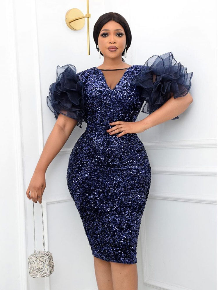 Sequin V Neck Puff Sleeve Party Dress Maxct