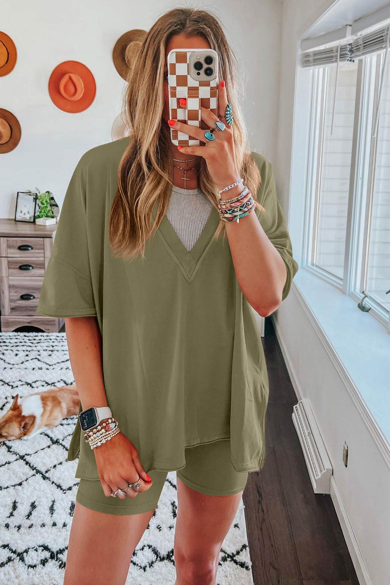 Maxct V Neck Side Slit T-shirt Bodycon Shorts Set