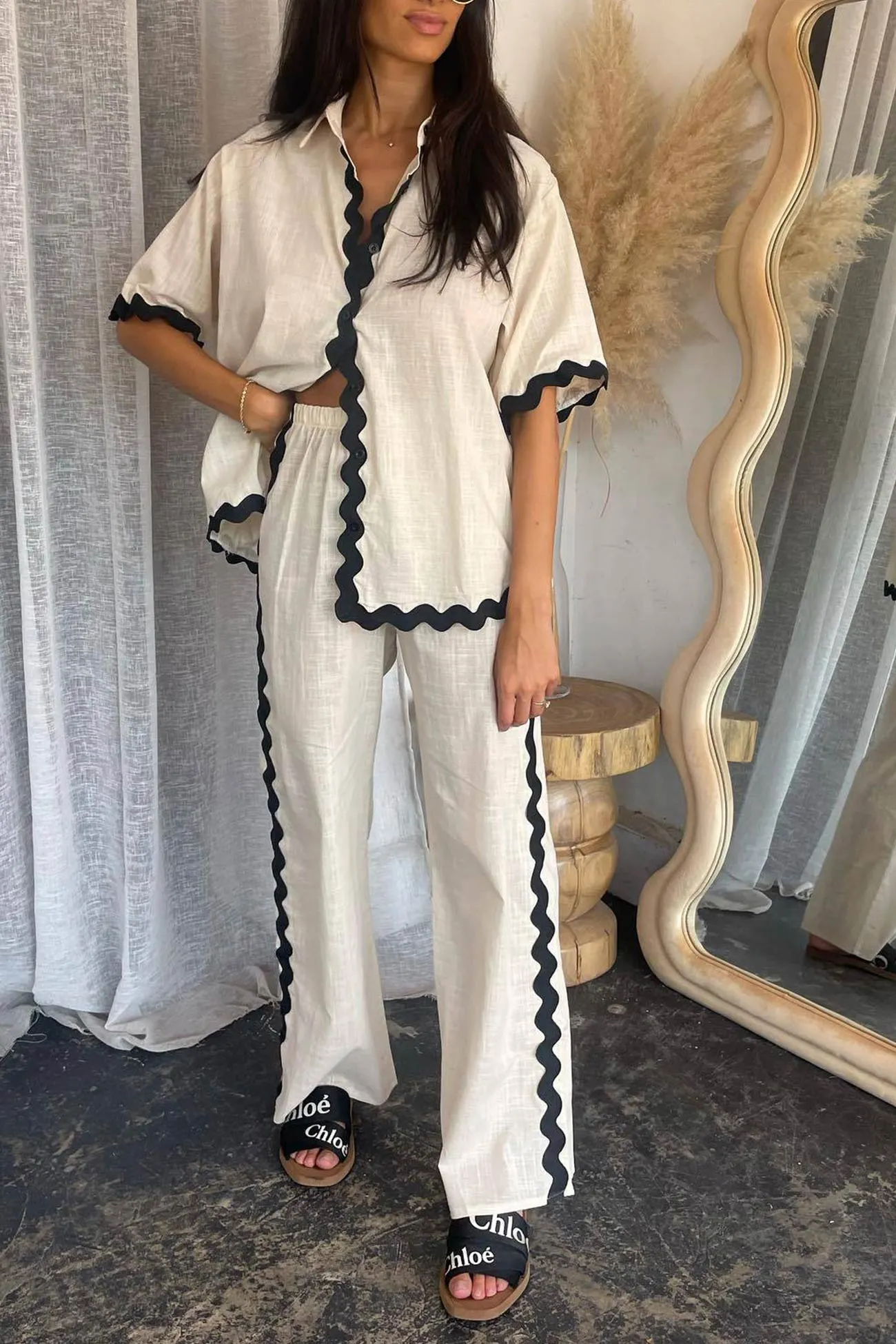 Maxct Wavy Stitching Blouse Long Pants Set