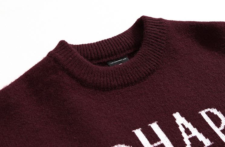 Maxct 5574 Claret Red Knitted Lettered Crewneck Sweater