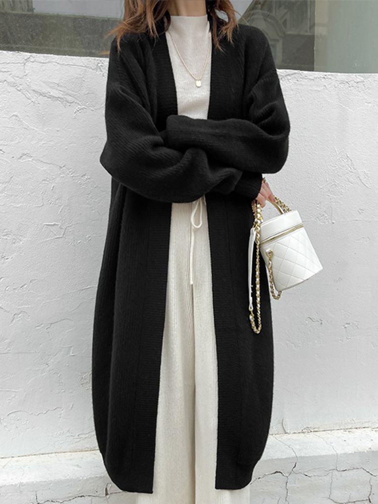 Maxct Casual Knitted Solid Long Cardigan Women Korean Loose Long Open Sweaters Female Autumn Chic Warm Simple Daily Street Tops