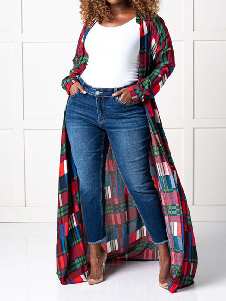 Plaid Print Shirt Collar Maxi Dress Maxct