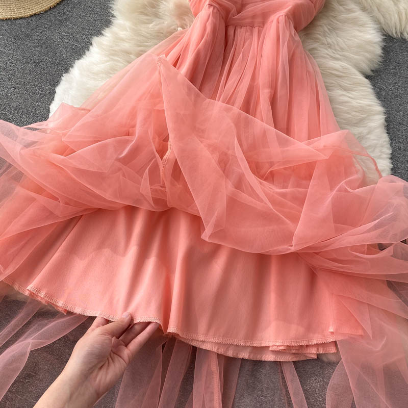 Women's Sexy Mesh Spaghetti Strap Long Dress Summer Orange/Purple/Blue/Pink Ruffle A-Line Beach Robe Female Elegant Party Vestidos