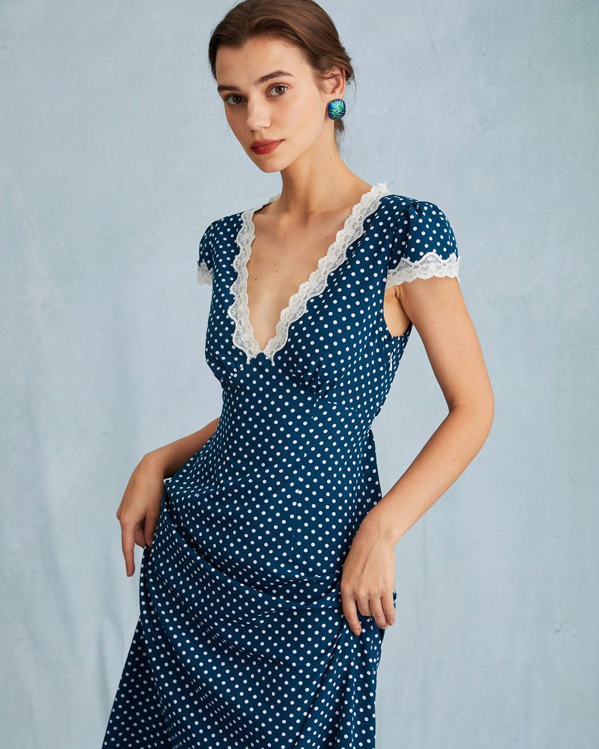 Maxct The Navy V Neck Polka Dot Lace Ruched Maxi Dress