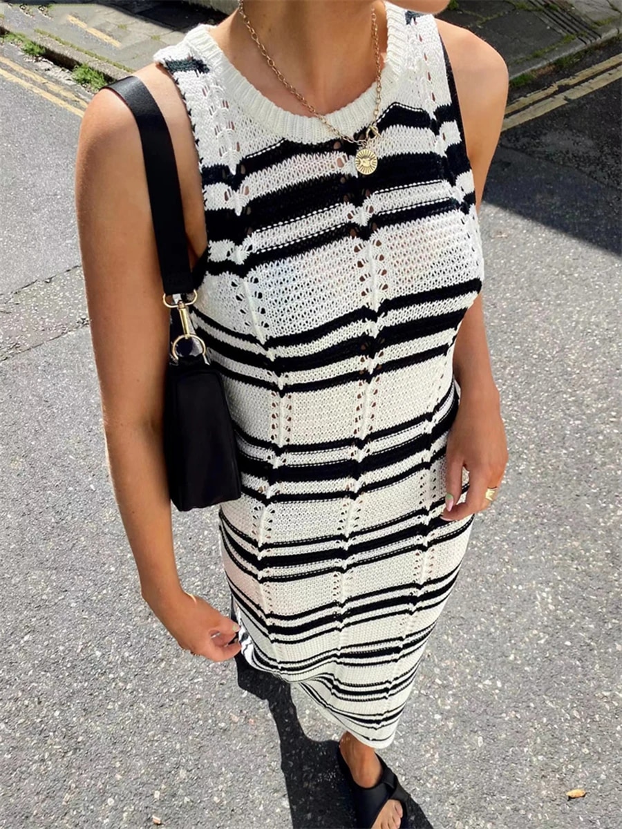 Maxct Women's Casual Long Dress O-Neck Sleeveless Contrast Color Striped Knitted Summer Slim Fit Holiday Beach Dresses